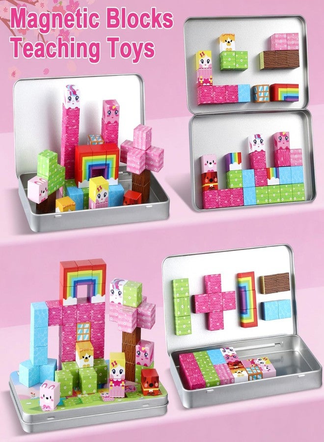 QOUBAI 45PCS Mini Magnetic Building Blocks Travel Toys, Magnet Cubes Tiles Set with Case, Birthday Classroom Learning Gifts for Kids Toddlers, Boys & Girls Ages 3-8 (Unicorn Rainbow) - Image 3